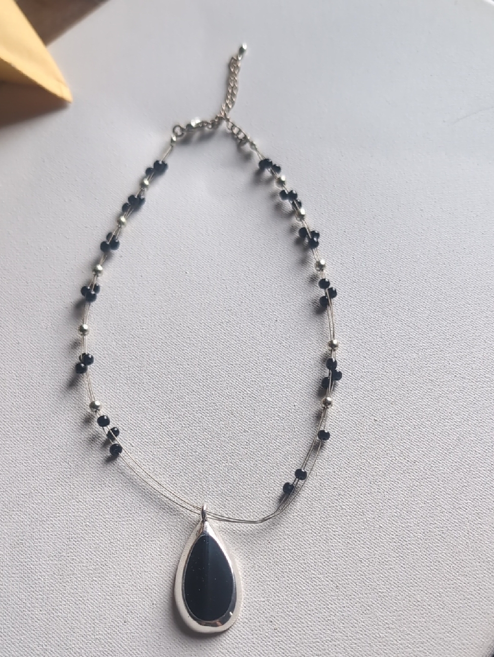 Silver-tone Necklace with Black Teardrop Pendant - Women Jewelry